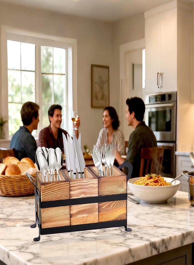 Earssa Wood Utensil Holder Silverware Caddy with Metal Rack Detachable Utensil Caddy for Party Flatware Organizer for Kitchen Forks Spoons Knives Storage - Image 4